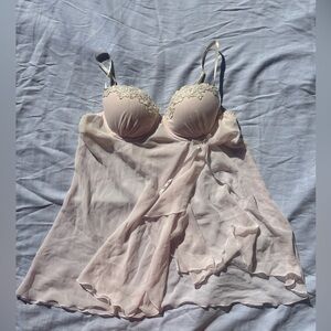 Y2K size 16 Linea Donatella Light Cream Pink Lace Women’s Lingerie with sequins